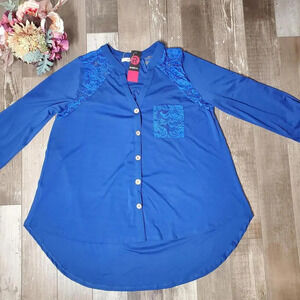 NWT Rosegal Women's Plus Long Sleeve Royal Blue Lace Button Down Blouse Size 1X